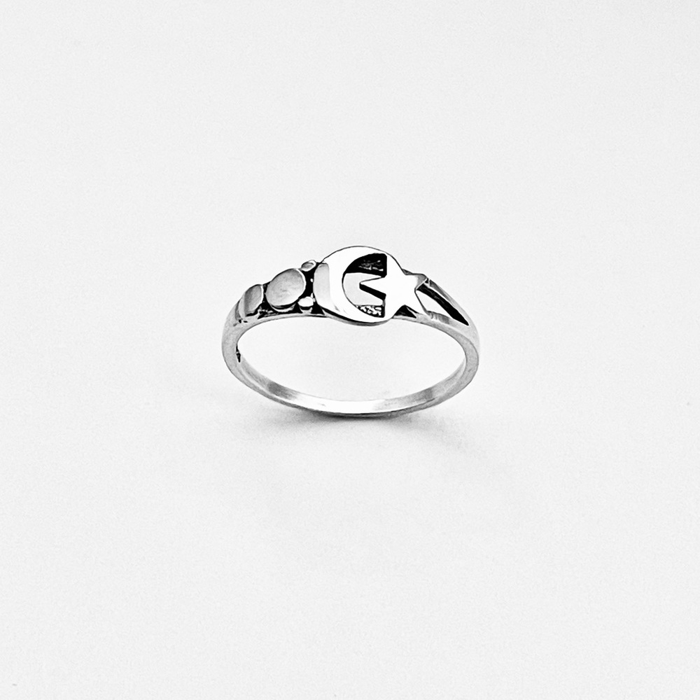 Sterling Silver Small Crescent Moon and Star Ring with Dots, Celestial Rings